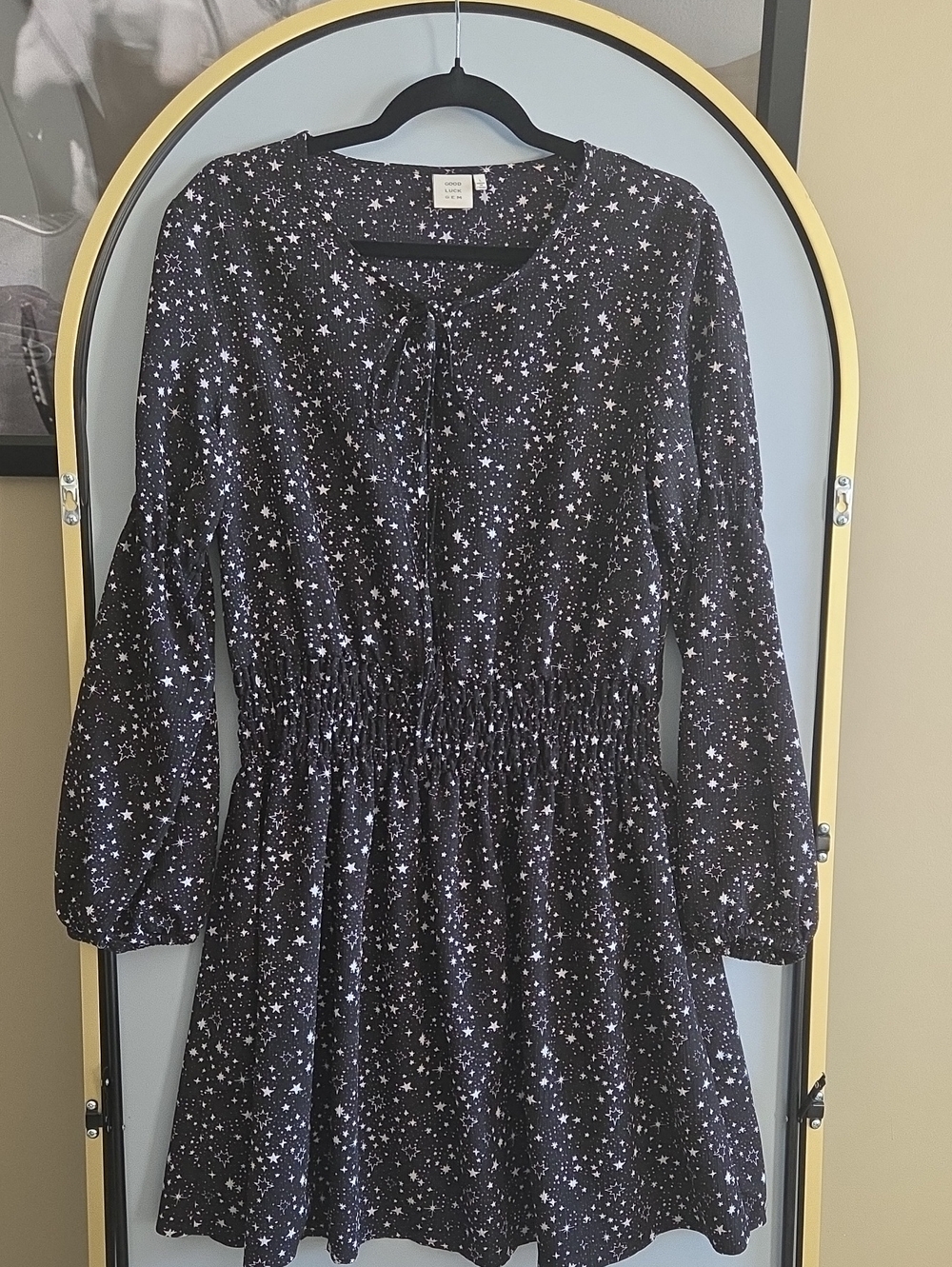 Good Luck Gem Black Star-Print Long-Sleeve Smocked Waist Dress